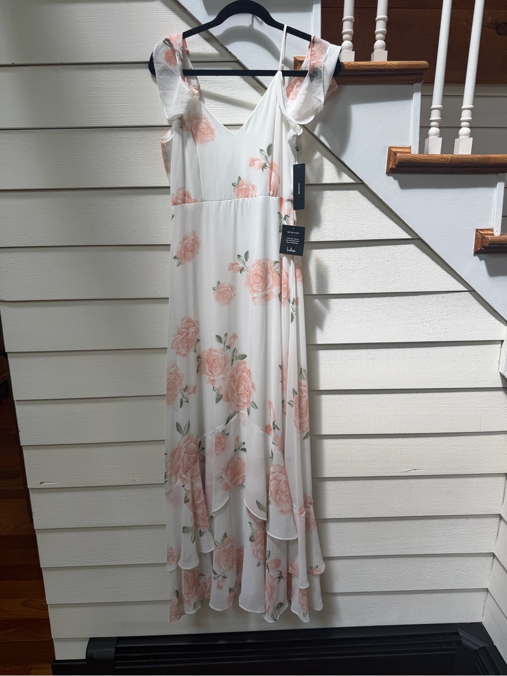 Lulu's Floral Ruffle Dress in White with Blush Roses